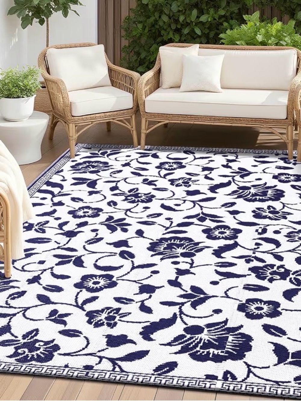 OLANLY  Waterproof Outdoor Navy Blue White Area Rug 4x6 Lightweight Reversible